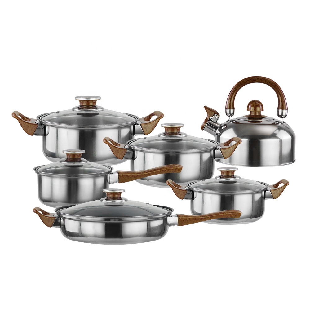 Kitchen 12pcs stainless steel 410 cookware set fry pan milk soup pot water kettle sale