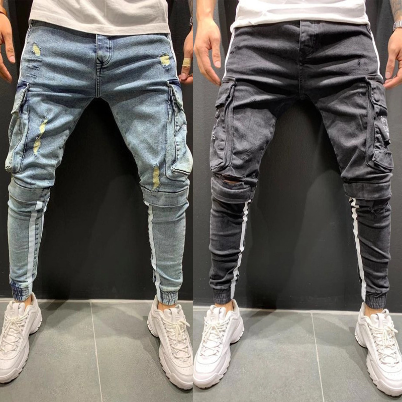 2021 Fashion custom man black skinny ripped jeans mens skinny multiple pocket jeans branded stretch slim fit men denim