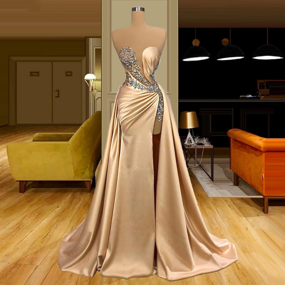 Custom Satin Beaded Strapless Catwalks High Slit Roupa Vestido Largo De Mujer Wedding Dress Gown Haute Couture Tailed Dress