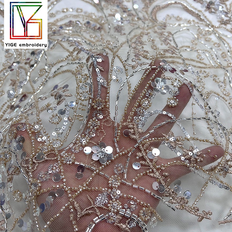 High Quality Naked color tulle sequin Beads Lace Fabrics for Clothing Party Dress Embroidery beaded Lace Fabric