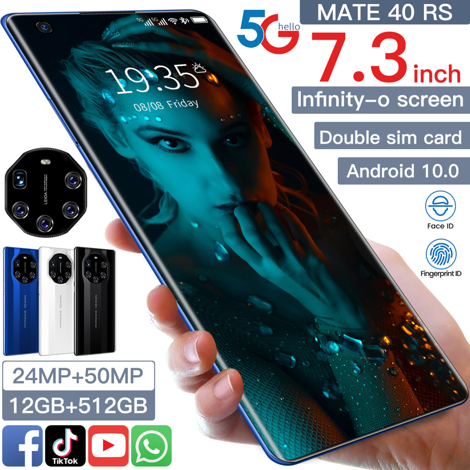Мобильный телефон Mate40RS с десятиядерным процессором, 12 Гб + 512 ГБ, двойная карта, 7,3 дюймовый полноэкранный смартфон с глобальными телефонами