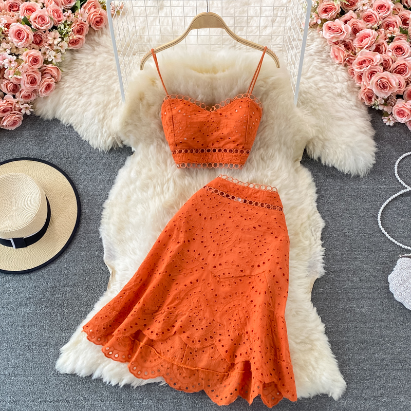 Cotton Summer Ruffle Skirt Sets for Women - High Waist Backless Tube Top Sling Dress