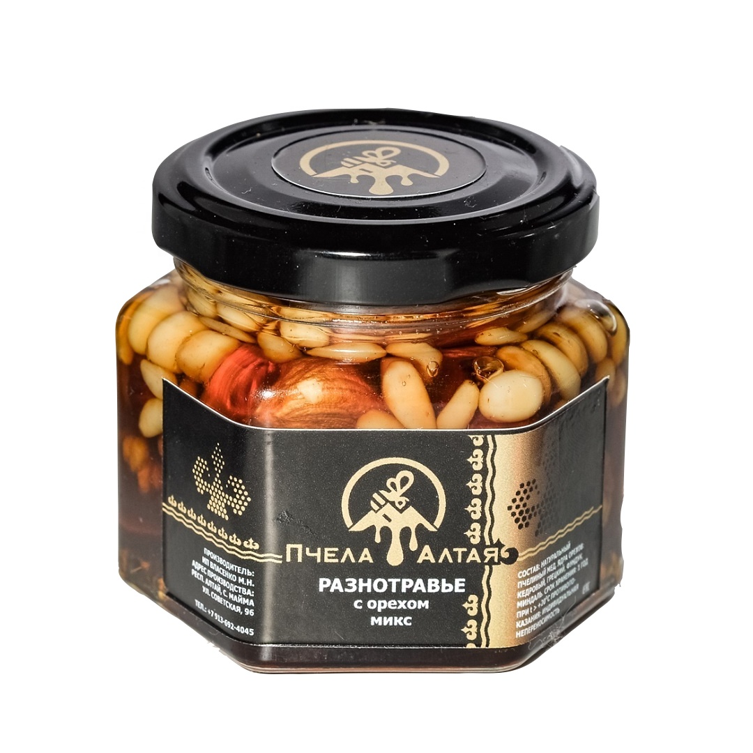 150 г с ореховой смесь (грецкие орехи, сосновые орехи, дымчатые орехи) полянный полифлоральный мед
