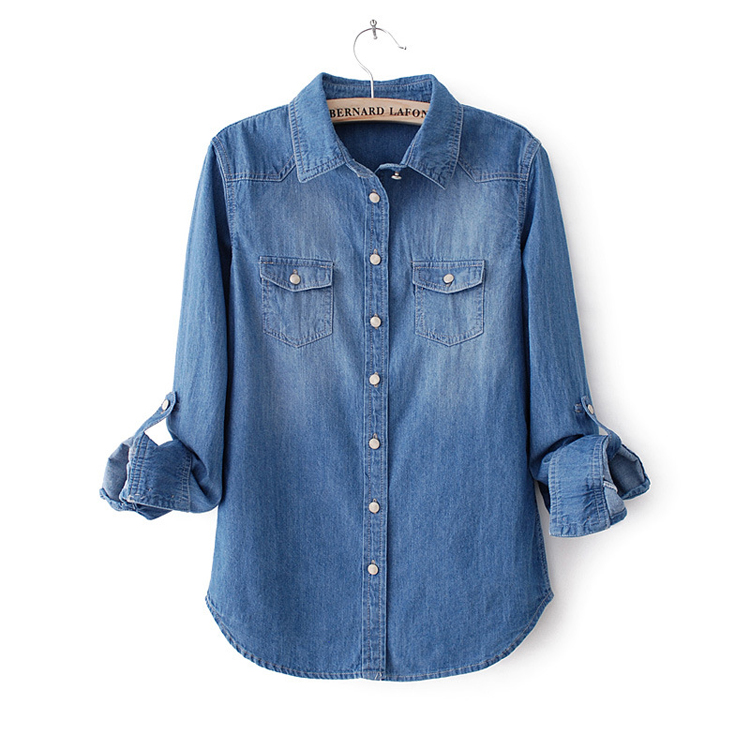 New Fashion wholesale long sleeve long casual blue denim shirts for ladies