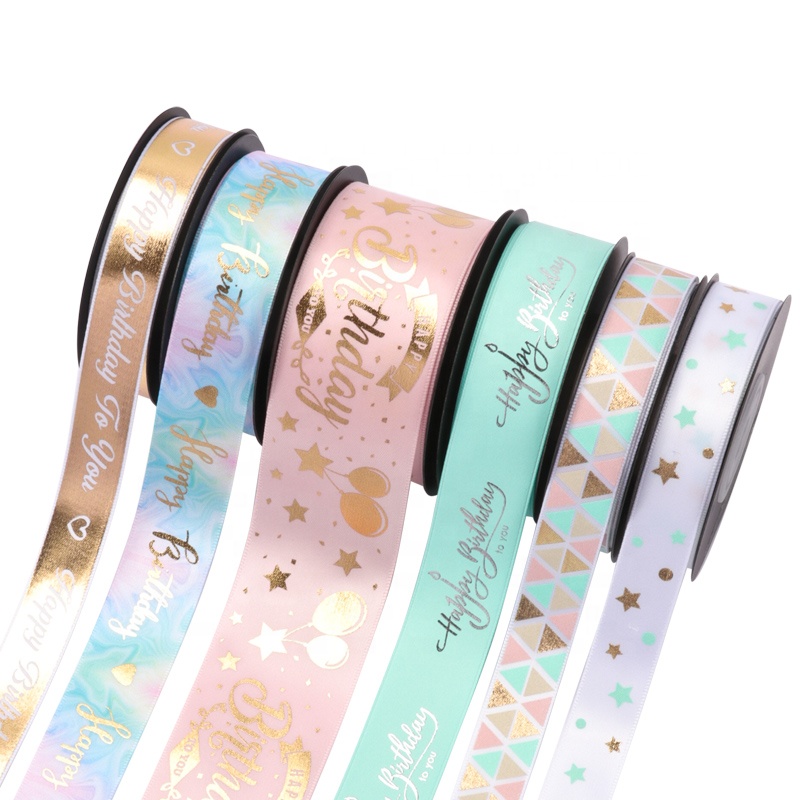 Ribest Happy Birthday Ribbon printer satin wedding decora bows with logo 1.5 inch packaging boxes