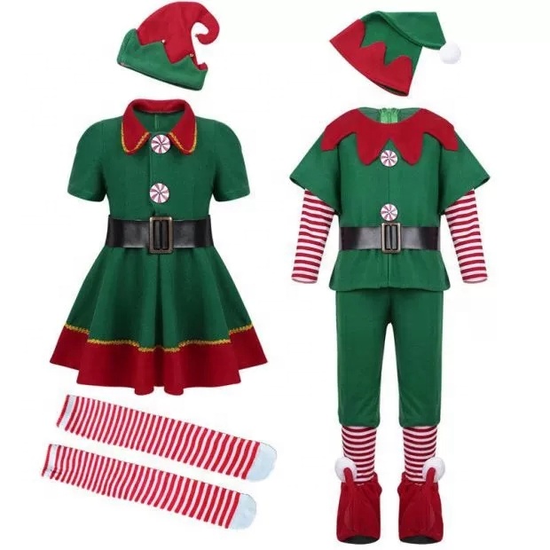 parent-child outfit dress fancy party holiday dress green set Christmas Halloween adult ELF cosplay costume
