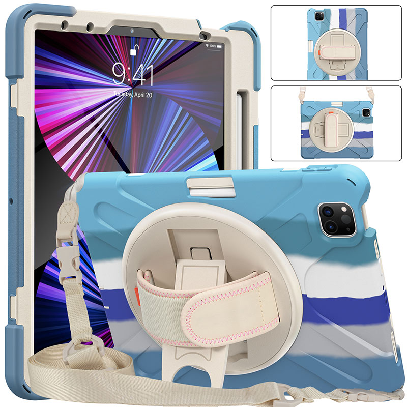 Soft Colorful Silicone Shockproof Tablet Case For iPad Pro 11 2021 Shoulder Belt Rotate Handle Stand Pencil Slot PC Rugged Cover