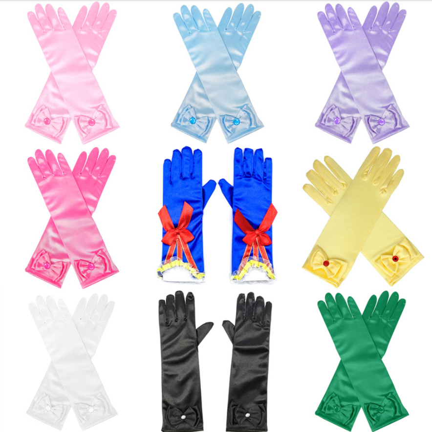 Classic Long Blue Princess Girls Party Satin Gloves Bowknot Kids Formal Pageant Gloves