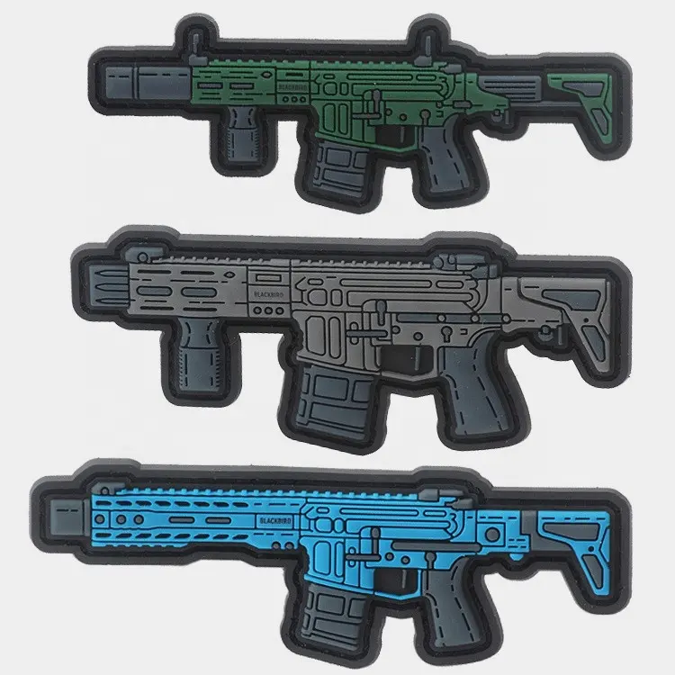 Cheaper Custom 3D Embossed Gun Logo Hook Backing PVC Silicone Patches for Clothing