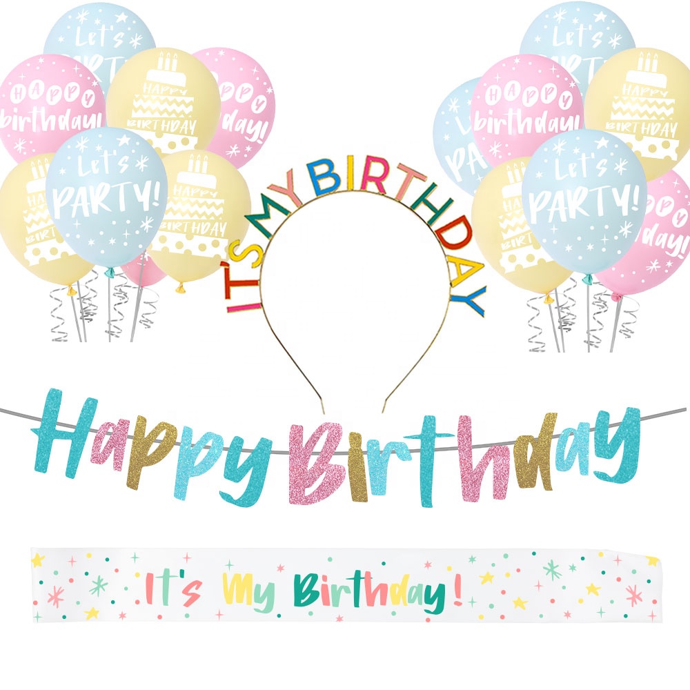Wholesale Colorful Birthday Balloons Sash Tiara Glitter Banner Happy Birthday Decoration Set