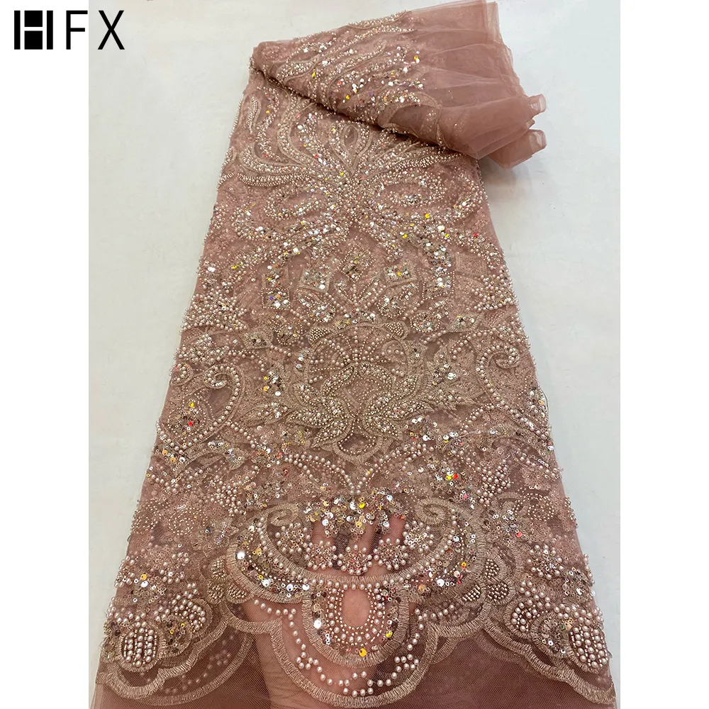 HFX Luxurious Sequin Beaded Tulle lace Fabric 2021 High Quality Embroidery blush pink French Mesh Tulle Lace Evening Dress H5703