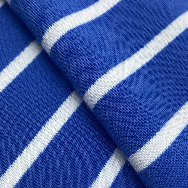 Soft Feel Stretch Polyester Rayon Custom Color Knit Yarn Dyed Small Loop Blue Striped French Terry Fabric