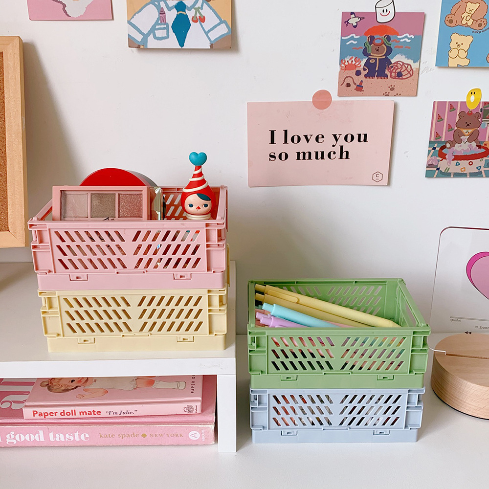Home Storage Supplies Foldable Plastic Folding Basket Desktop Organizer Storage Box with Stackable Utility Cosmetic Container