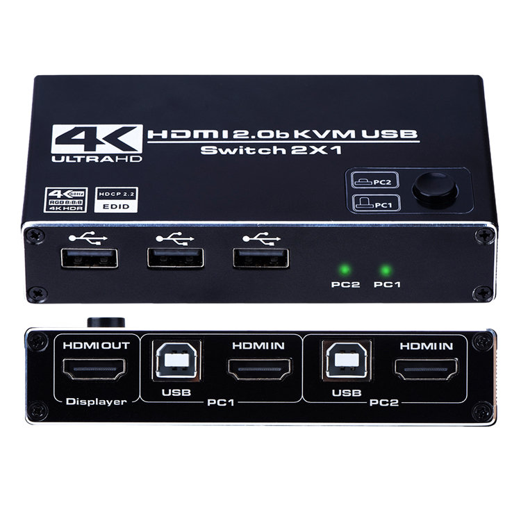 HDMI 2.0b KVM USB переключатель 2 порта, 2 компьютера совместное использование одного монитора 2x1,Ultra HD 4K @ 60 Гц, HDCP 2,2