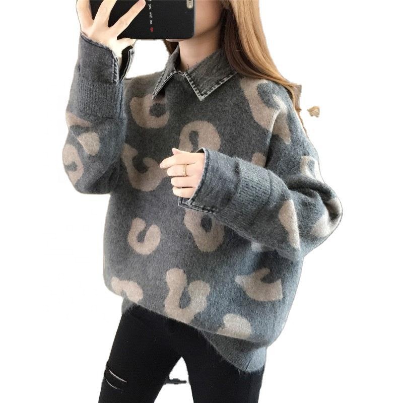 New Arrival Fall Winter Loose Women Clothing Leopard Long Sleeve Denim Patchwork Shirt Sweater Pullover Casual Sweater T18601A