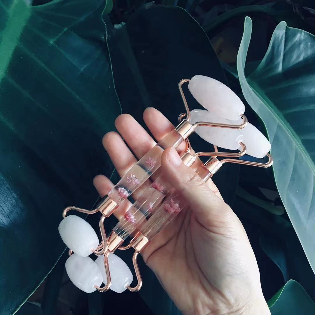 Natural Beautiful Hand Crafts Flowers Rose Quartz Crystal Roller Massager Stone Jade Roller
