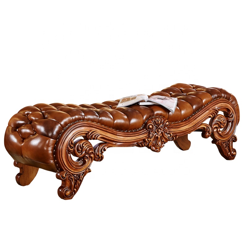 Vintage Genuine Leather Bed Stool Solid Wood Delicate Bed Stool Bedroom Used Furniture Set