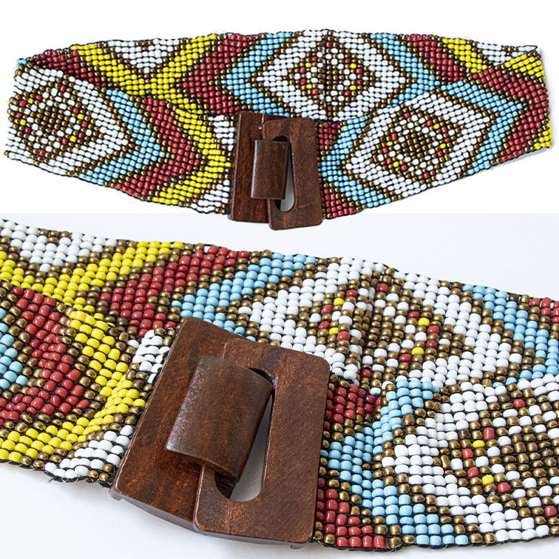 REWIN Boho Western Women Waist Chain Belts 6cm Extra Wide Handmade Glass Beaded Belts with Wooden Buckle