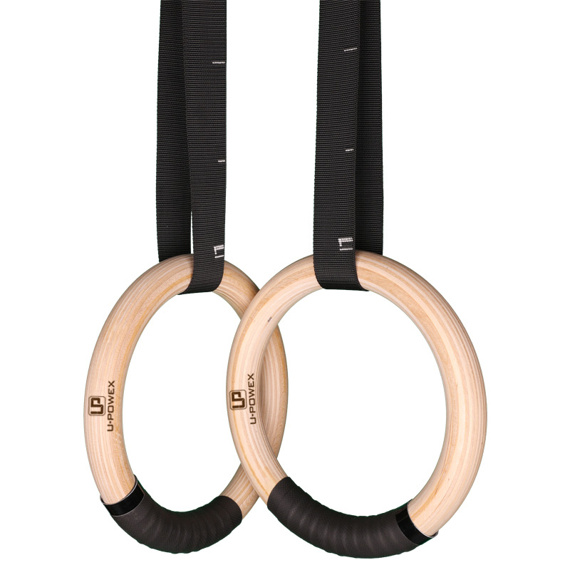 Customized Logo Color Durable Wooden Rings Set Gym Fitness Strength Training Circle Natural Wood Gymnastic Ring with Strap