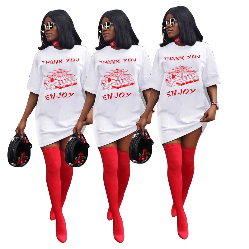 New Arrivals 2020 Fall Dresses Short Sleeve Thank You Print Midi Dress Plus Size Women Clothing