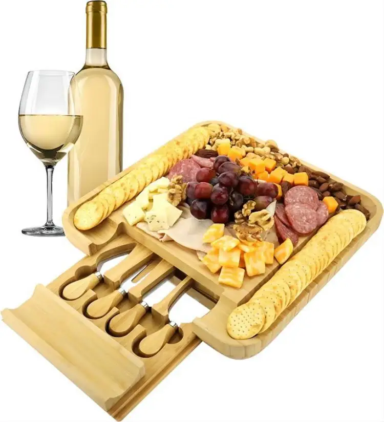 Hot Serving Tray Wood Bamboo Cheese Board Set With Cutlery In Slide Out Drawer Cheese Platter Cutting Board