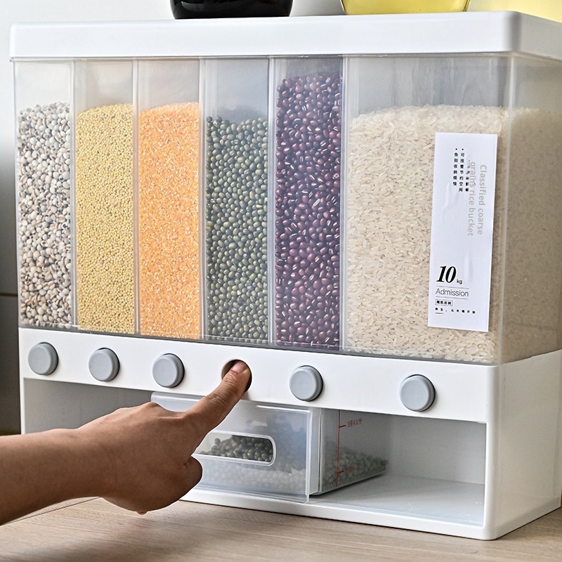 Multipurpose 10L Plastic Wall Mounted Food Dispenser Cereal Rice Bucket Container Transparent Storage Organizer