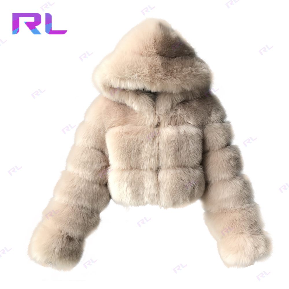 Winter Warm Solid Zipper Up Cropped Short Style Plus size Fur Hooded Jacket Women Fur Jacket for Ladies