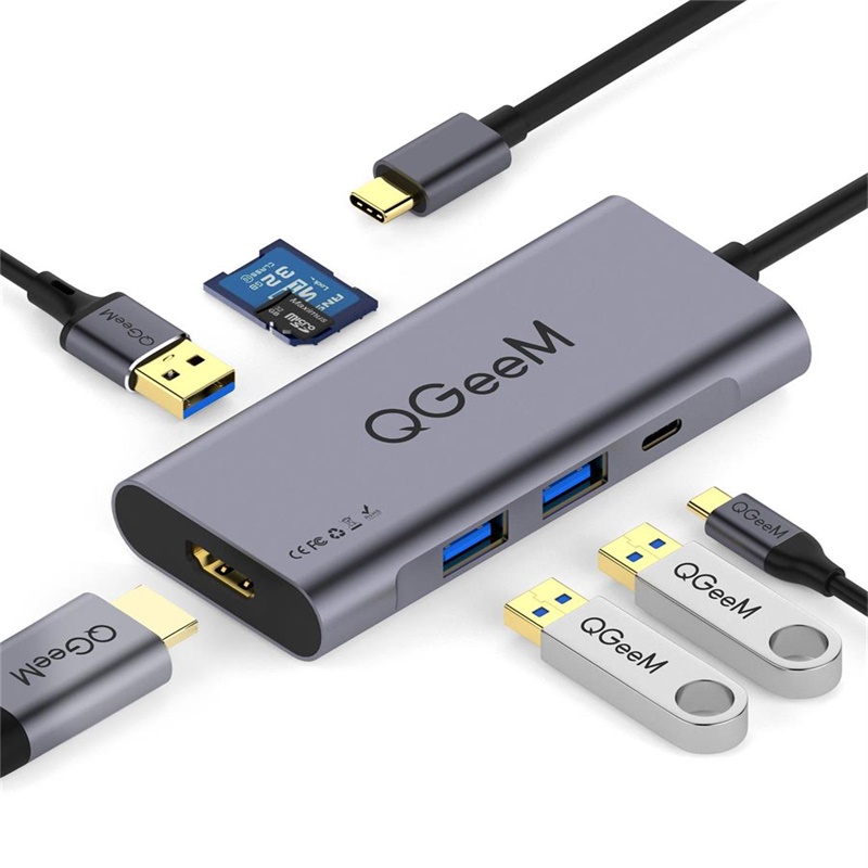 Концентратор USB C 7 в 1, концентратор QGeeM 7 в 1 Type C для HDMI 4k 3 порта USB 3,0, совместимый с MacBook Pro 13/15