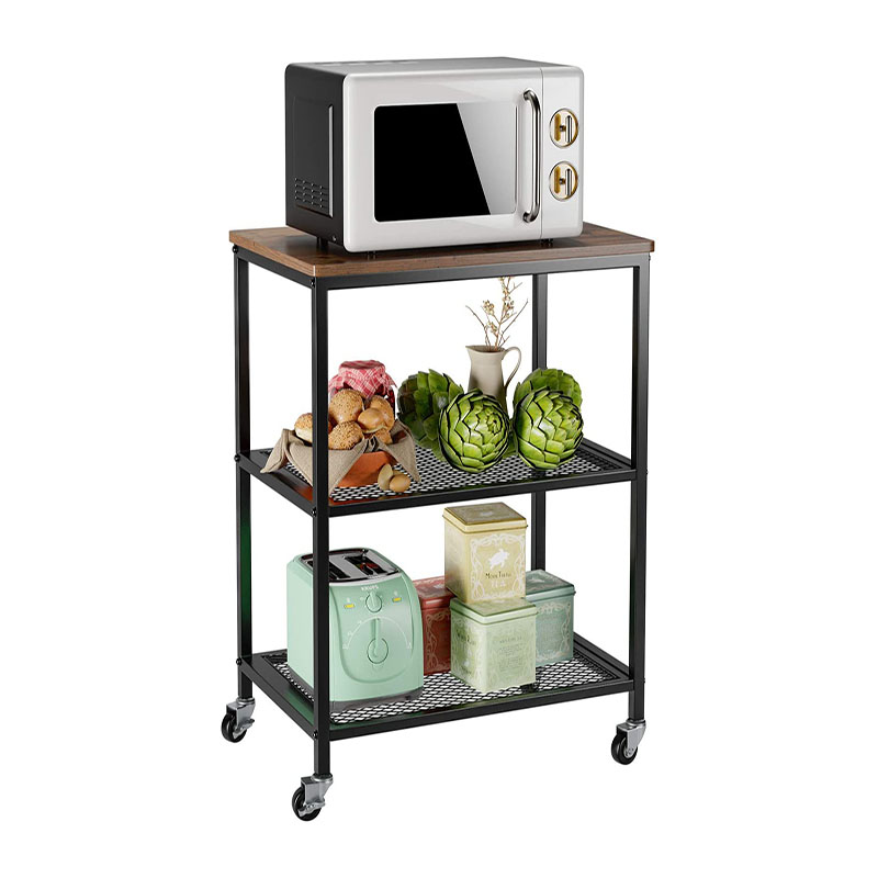 3-Tier Rolling Cart,2 Mesh Shelves and 2 Lockable Wheels, Wood Look Furniture with Metal Frame