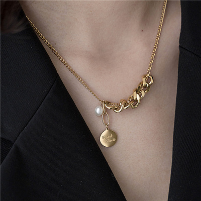 Fadeless Real Gold Plated Pearl Disc Pendant Necklaces Stainless Steel Cross Chain Disc Necklace For Gifts