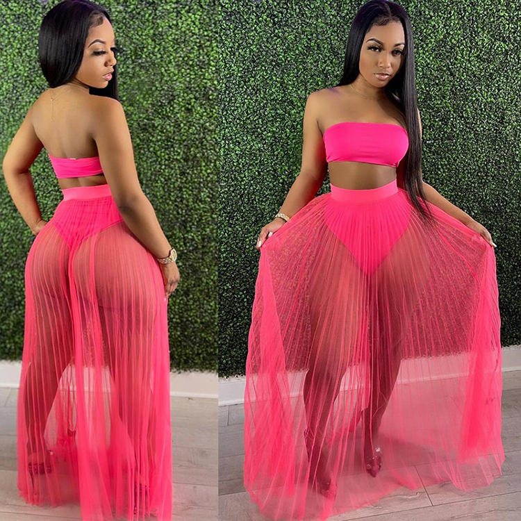 2021 Sexy Women Club Clothing Sexy Patchwork Gauze Cropped Top Sleeveless Three Piece Skirt Sets Bridesmaid Dresses