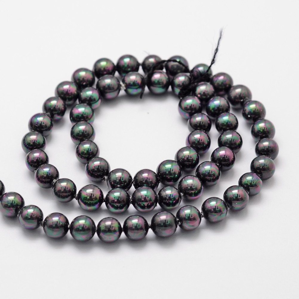 Pandahall Grade A Rainbow Plated Round Black Shell Pearl Beads