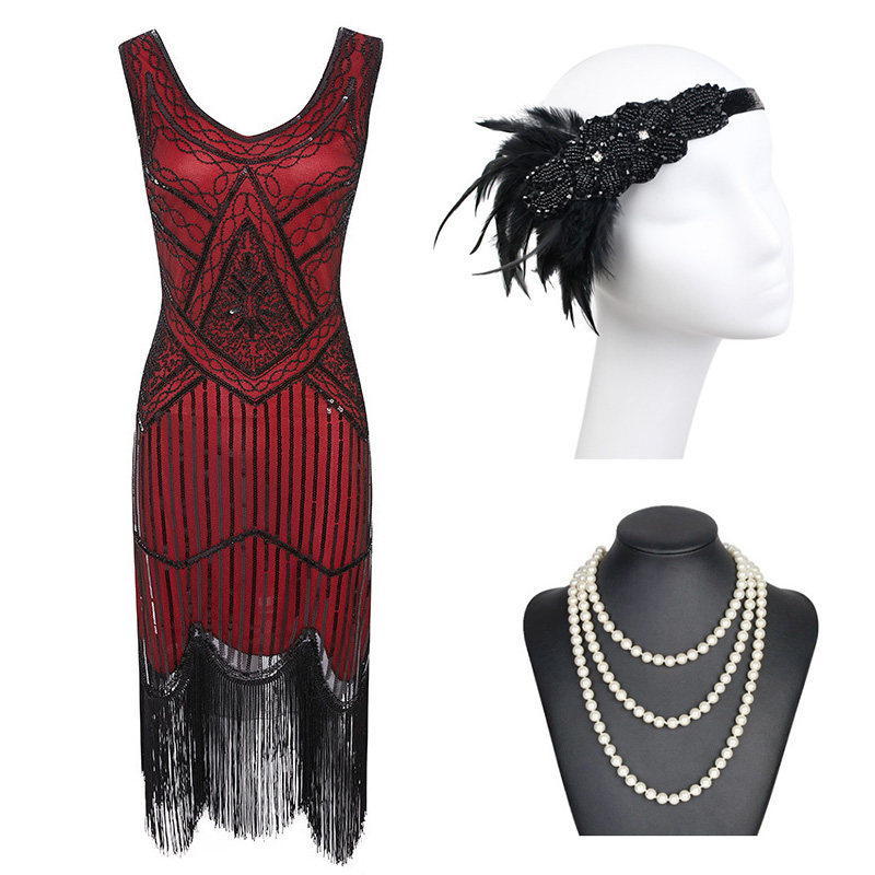 moq 6pcs custom made 1920s Vintage Gatsby Sequin Fringed Paisley Flapper Dress with 20s Accessories Set ecoparty