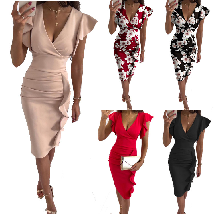 The new 2021 multi-color print skirt V neck ruffled edge slim sexy high-waisted dress