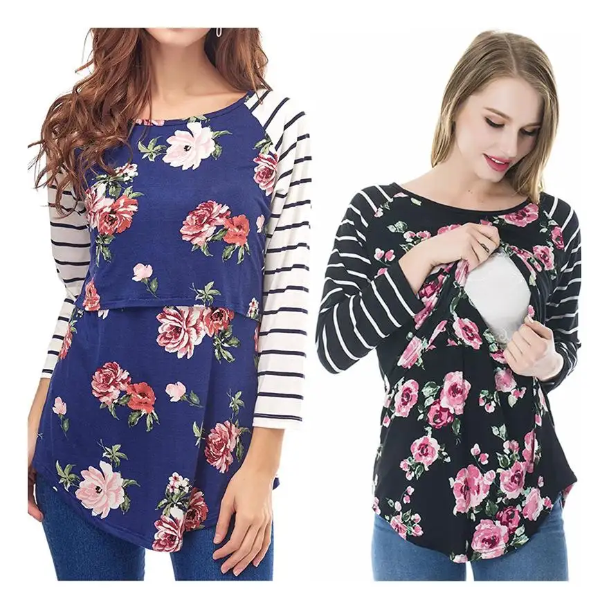 Wholesale Fashion Nursing Printed Tops 3/4 Sleeve Women's Breastfeeding Shirt