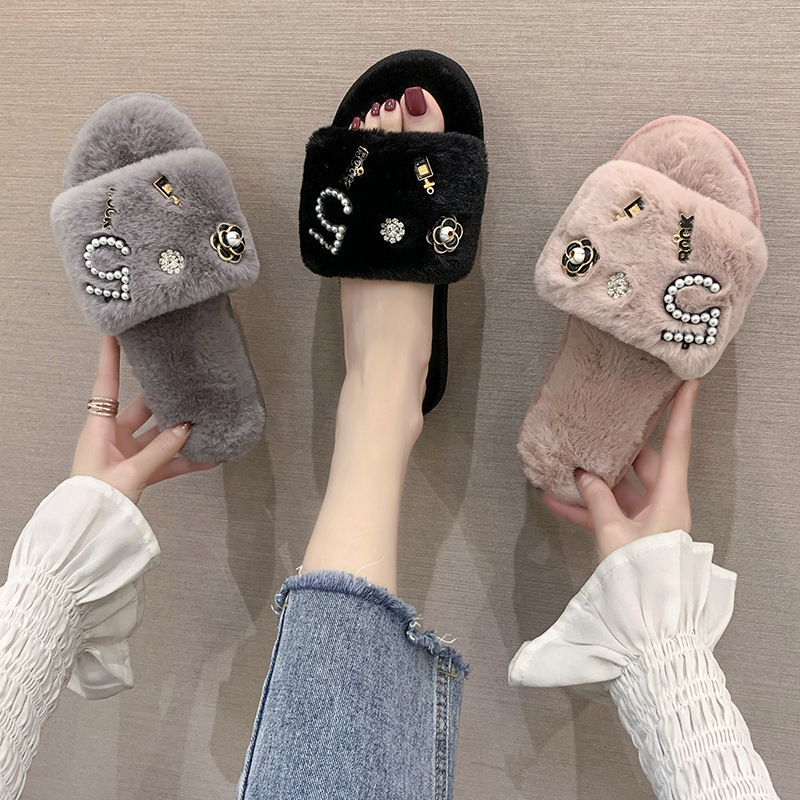 2021 new home bright diamond flat warm wool cotton slippers for fall/winter women's net red sequin letter plush slippers