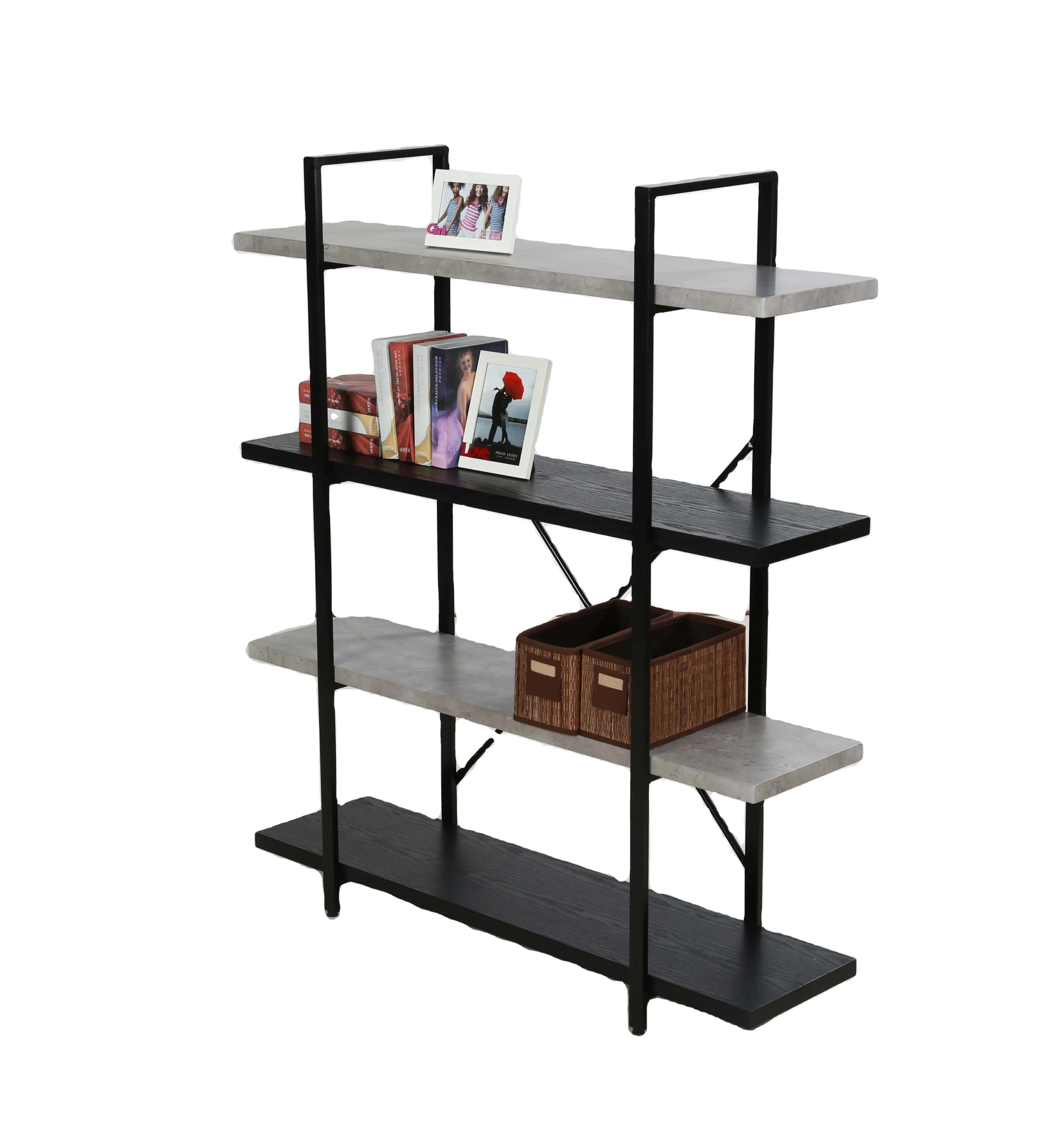 Home office furniture 4 tiers wood and metal modern simple design book shelf bookshelf bookcase wooden