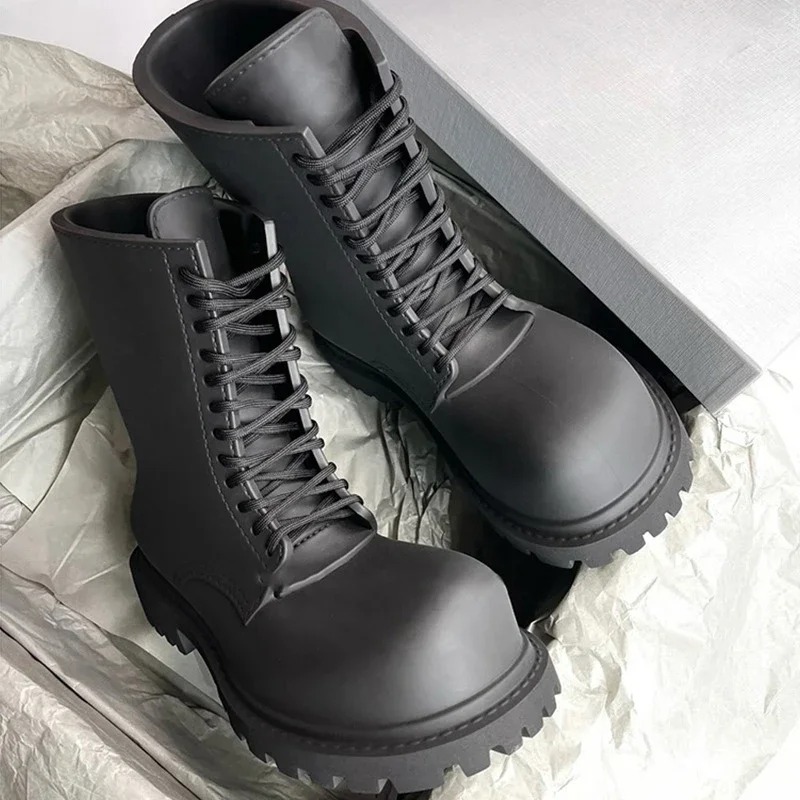 Fall New Lace-up Thick Bottom High-top Boots Round Head Black Knight Boots Fashion Black Runway Big Toe Boots