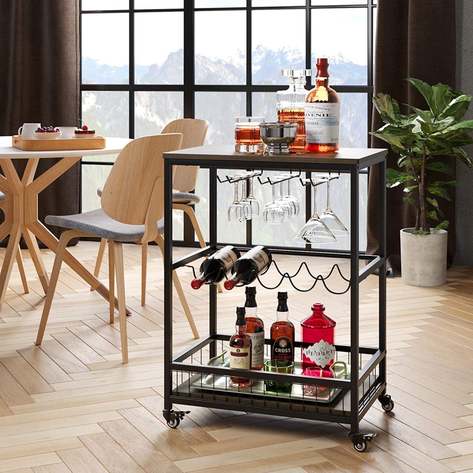 Wood Top Rustic Industrial Glass and Bottle Holder Mobile 3-Tier Rolling Cart Bar Wine Storage Trolley