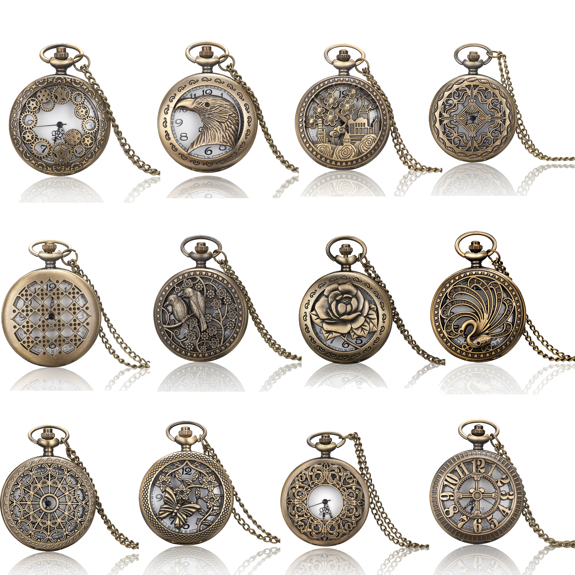 Classic Retro Digital Quartz Necklace Watch with Hollow Flower Pocket Creative Flip Student Decorative Sweater Chain Gift