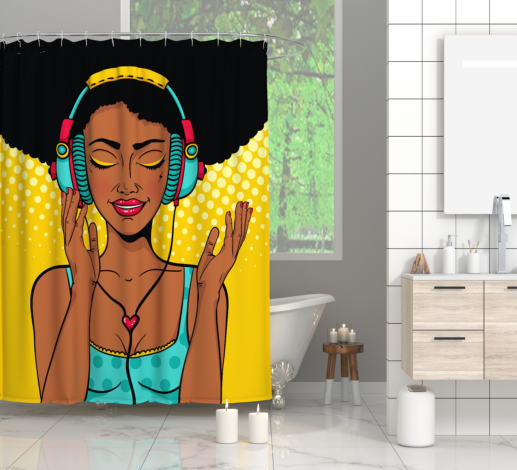 African American Girl African Art Afro 3D Waterproof Polyester Bath Curtain with Hooks