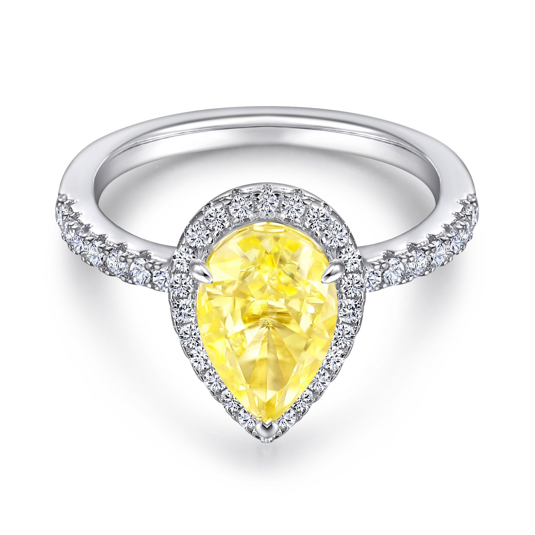 Europe Style Engagement 925 Sterling Silver High Carbon Dril Zircon Pears Shape Yellow Color Gemstone Finger Ring