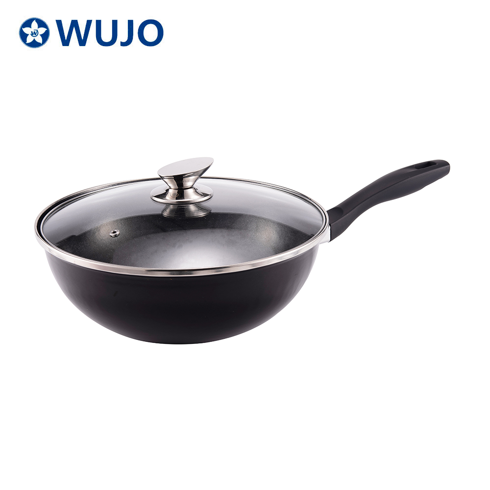 Китайская антипригарная эмалированная вок WUJO 28 см из углеродистой стали, кухонный вок со стеклянной крышкой