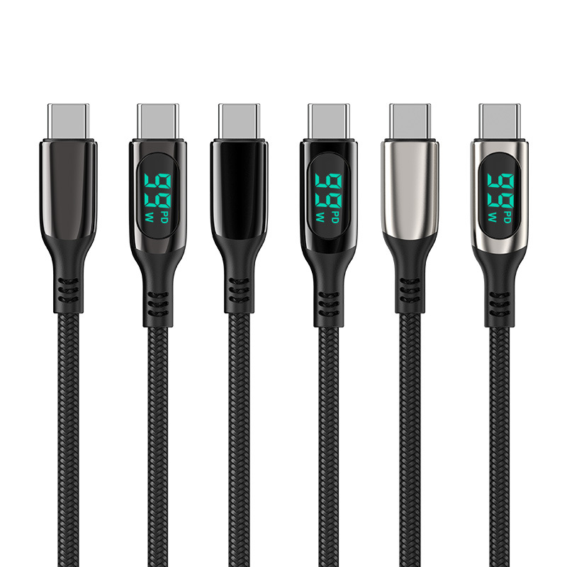Чип E-mark 100 Вт, 1 м, Тип C на Тип C, нейлоновый Плетеный светодиодный дисплей, быстрая зарядка, передача данных, кабель pd для компьютера