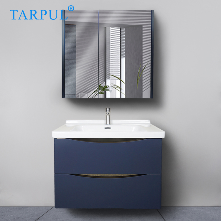 European Bath Vanity Whole Set Wall Mounted Blue Bathroom Cabinet Double Mirror Cabinet