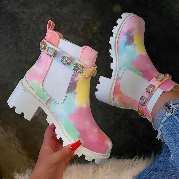 Winter New Style Rainbow Chunky Diamond Shoes Waterproof Leather Platform High-heeled Anti-slip Boot Winter Women's Ankle Boots