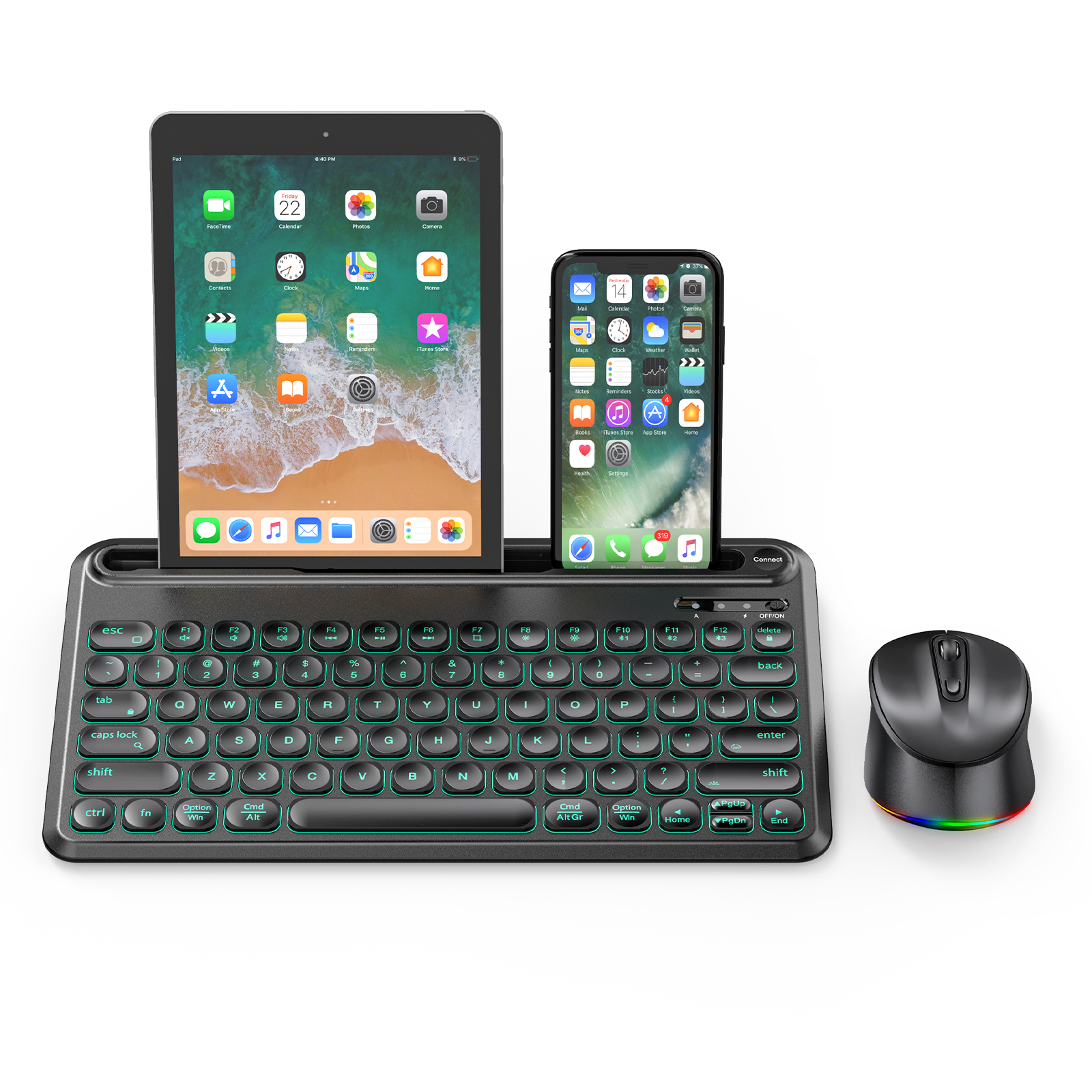 Клавиатура с подсветкой для нескольких устройств, светодиодная RGB-подсветка, мышь, Mac, iOS, iPad, Windows, Android, беспроводная клавиатура и мышь с подсветкой