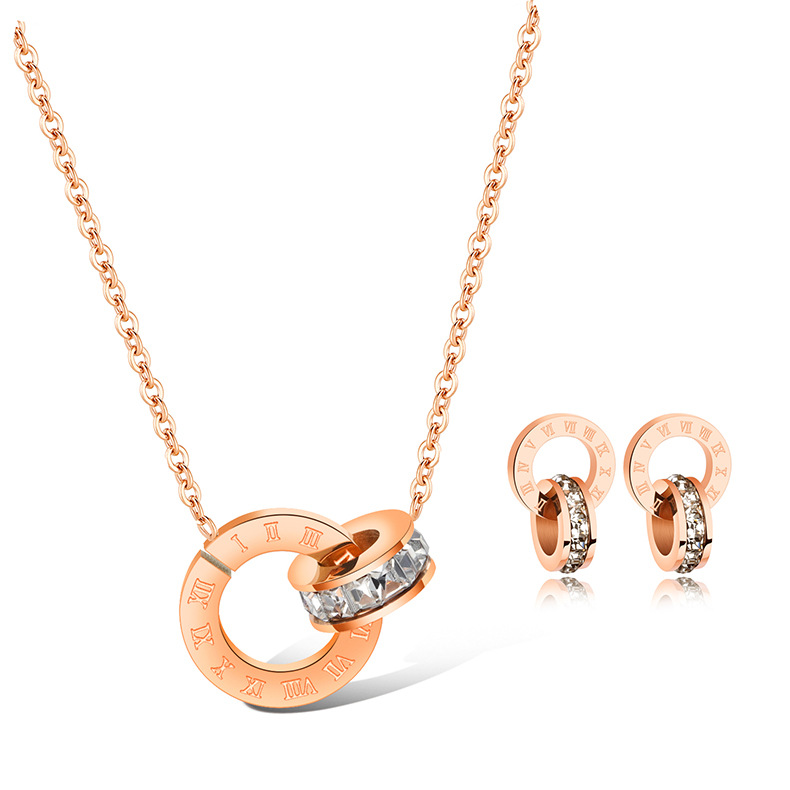 Exquisite And Noble Rose Gold Plated Roman Numerals Circle Rhinestone Necklace Ring Set