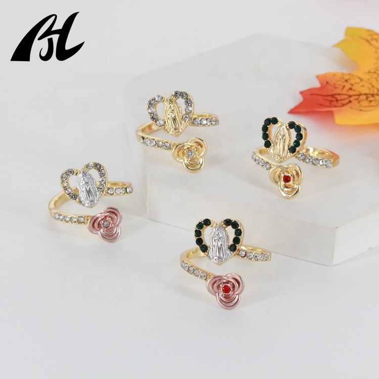 Изысканное мастерство Medalla de La Дева Мария Гваделупская Anillo уникальный обручальные кольца в форме сердца со стразами любовь розовый обручальные кольца