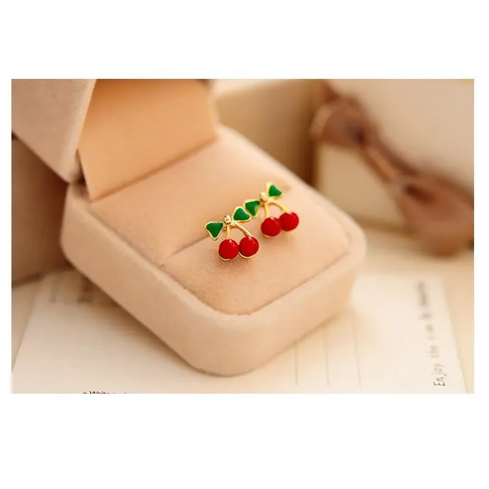 Red Enamel Gold Plated Children's Screw-back Cherry Earrings Fruit Stud Earring